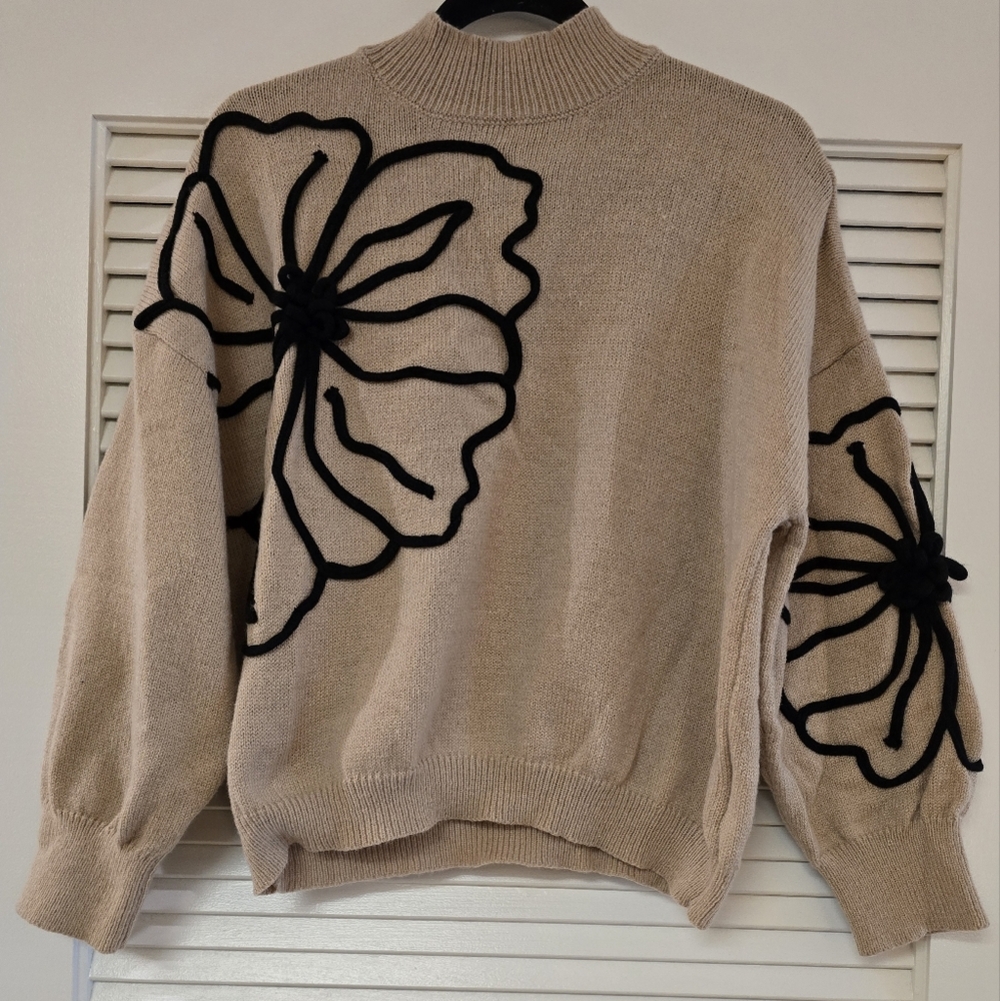 SHEIN - Black & Tan Floral Knit Long-Sleeve Sweater